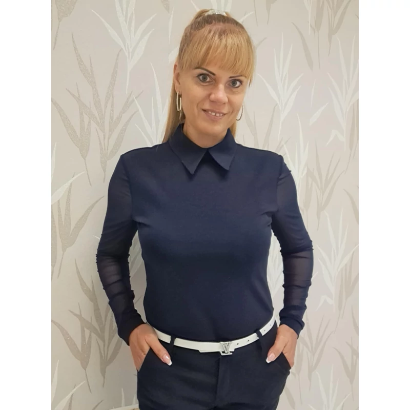 Via Kamilla galléros sötétkék felső necc ujjal