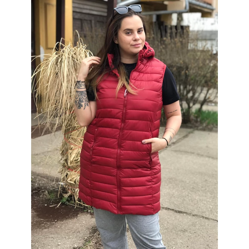 Plus size mellény levehető kapucnival piros