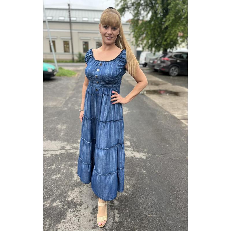 Farmerhatású gumírozott maxi ruha