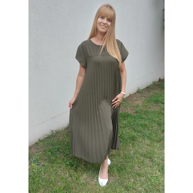 Pliszírozott maxi ruha khaki
